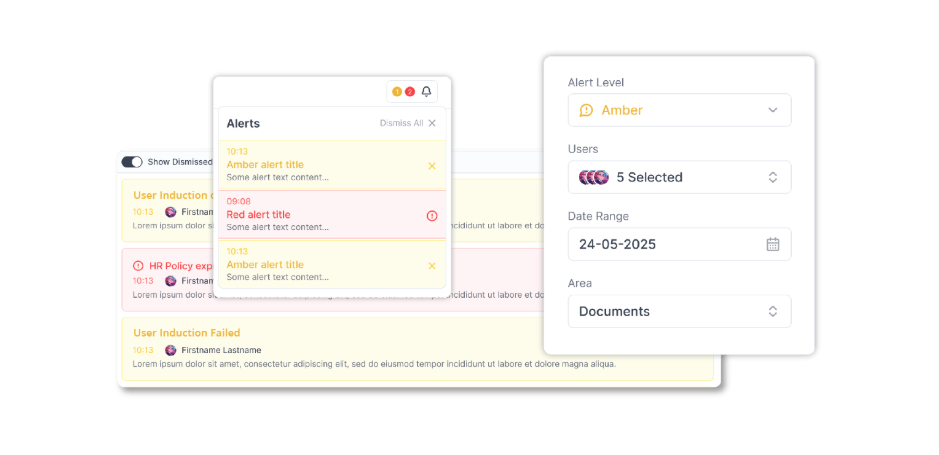 Alerts and Notifications dashboard with colour-coded task prioritisation in Induct & Train compliance software