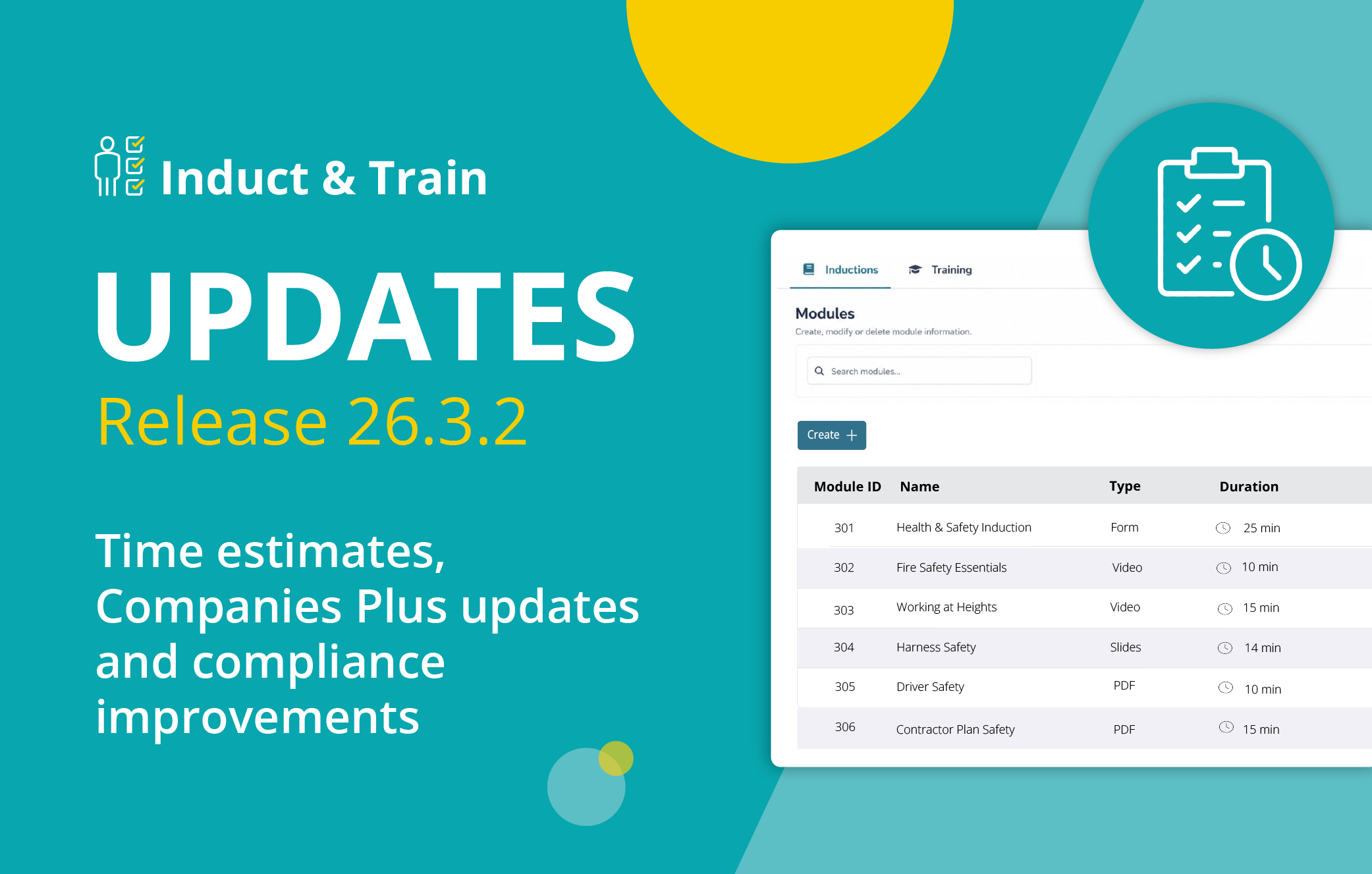 Induct & Train Release 26.3.2 showing module duration estimates, Companies Plus updates and compliance improvements