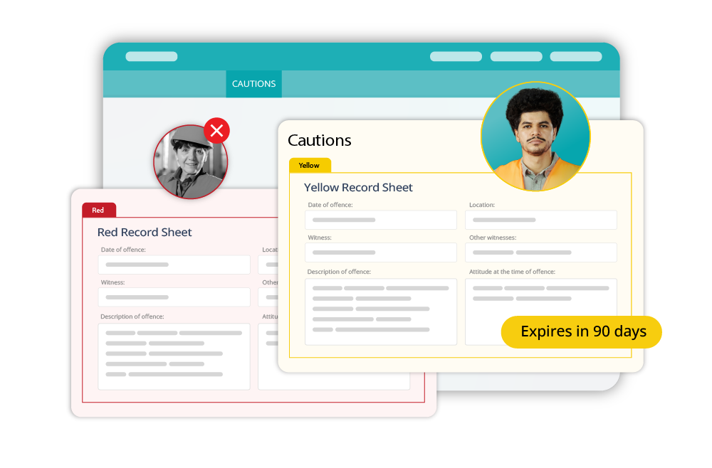 Induct & Train Cautions showing red and yellow caution records and expiry tracking