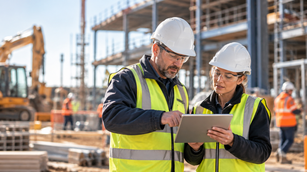 Two construction contractors wearing hard hats and high-visibility vests reviewing information on a tablet at an active construction site.