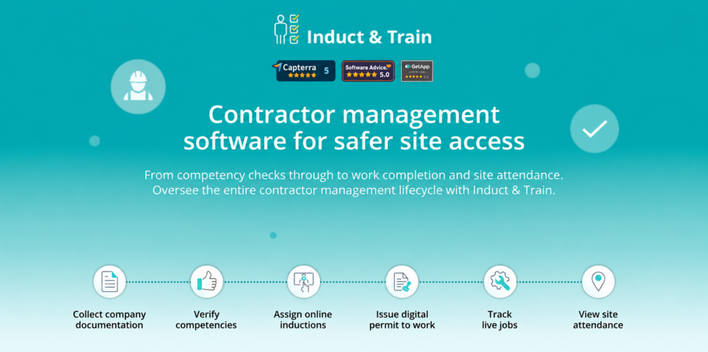 Induct & Train contractor management software overview showing document collection, competency verification, online inductions, digital permits to work, job tracking and site attendance.