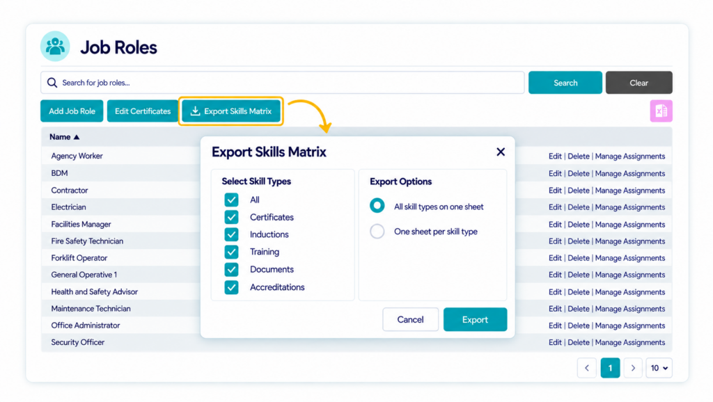 Induct & Train Job Roles page showing the new Export Skills Matrix feature, with options to select skill types and export job role requirements to Excel.