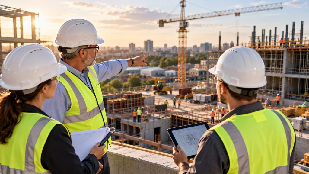 Senior construction site manager pointing towards ongoing building work while two colleagues in hard hats and high-visibility vests review site plans.