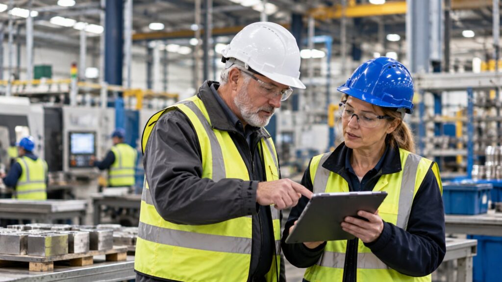 Contractors colleague wearing hard hats, safety glasses and high-visibility vests reviewing information on a tablet inside a manufacturing facility.