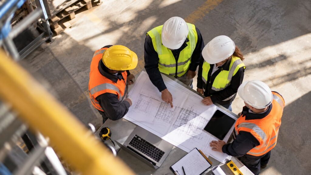 Overhead view of four construction contractors wearing hard hats and high-visibility vests reviewing site plans and blueprints around a table.